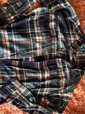 Navy and White Plaid Flannel Button-Up Shirt